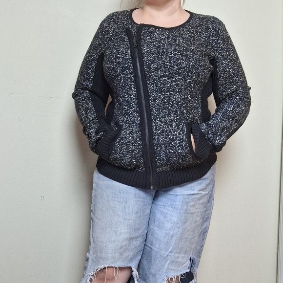 Loft Black Tweed Asymmetrical Full Zip Moto Sweater Jacket Size Small - Picture 1 of 11